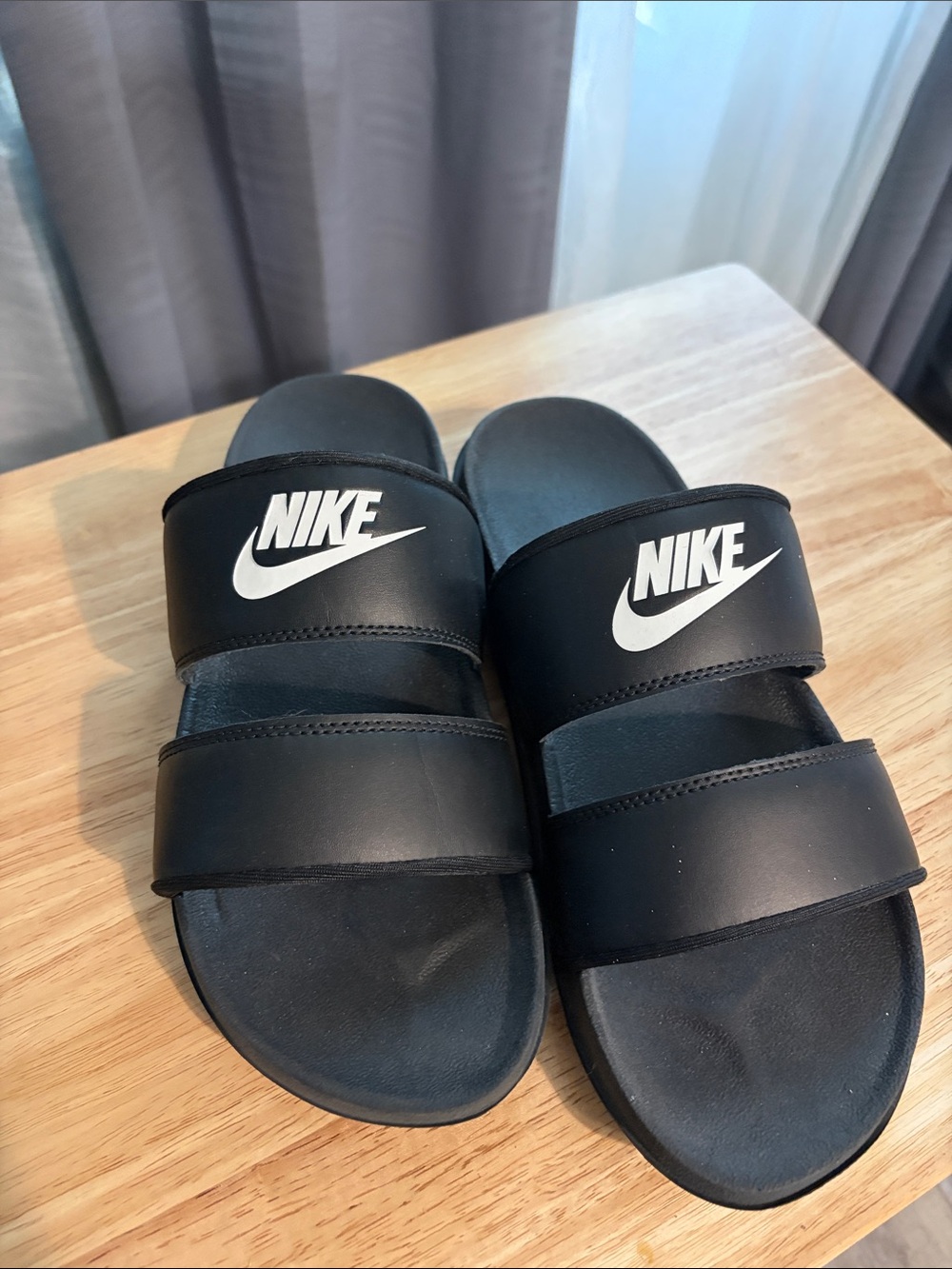 Nike Black Womens Double-Strap Slide Sandals with White Swoosh
